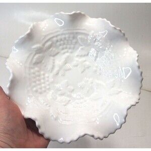 Ruffled Edge White Ceramic Candy Nut Dish  Signed 1975 Grapes Leaves Vitage C4